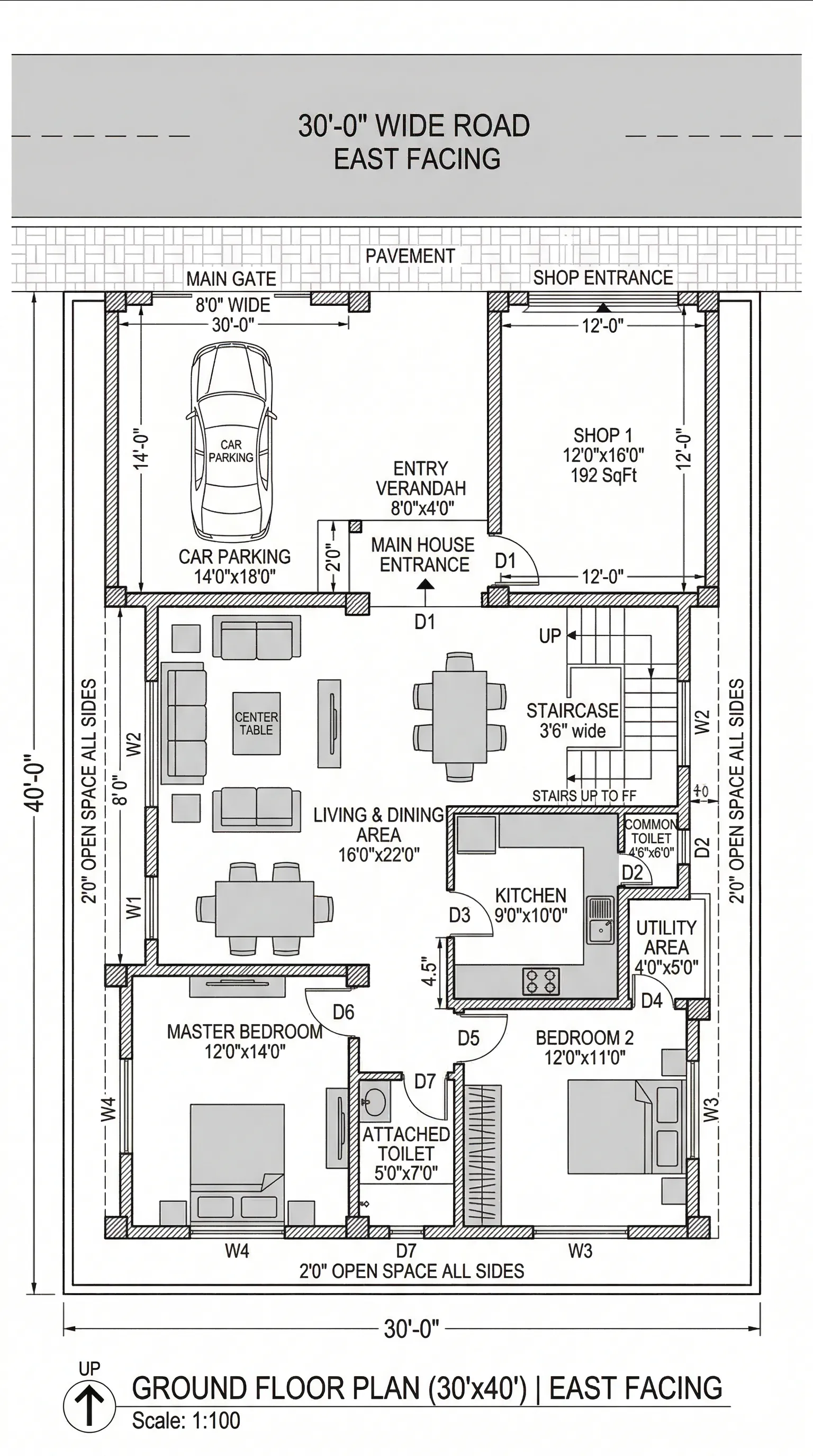 1200 Sqft 3 BHK Duplex House Plan (30×40)