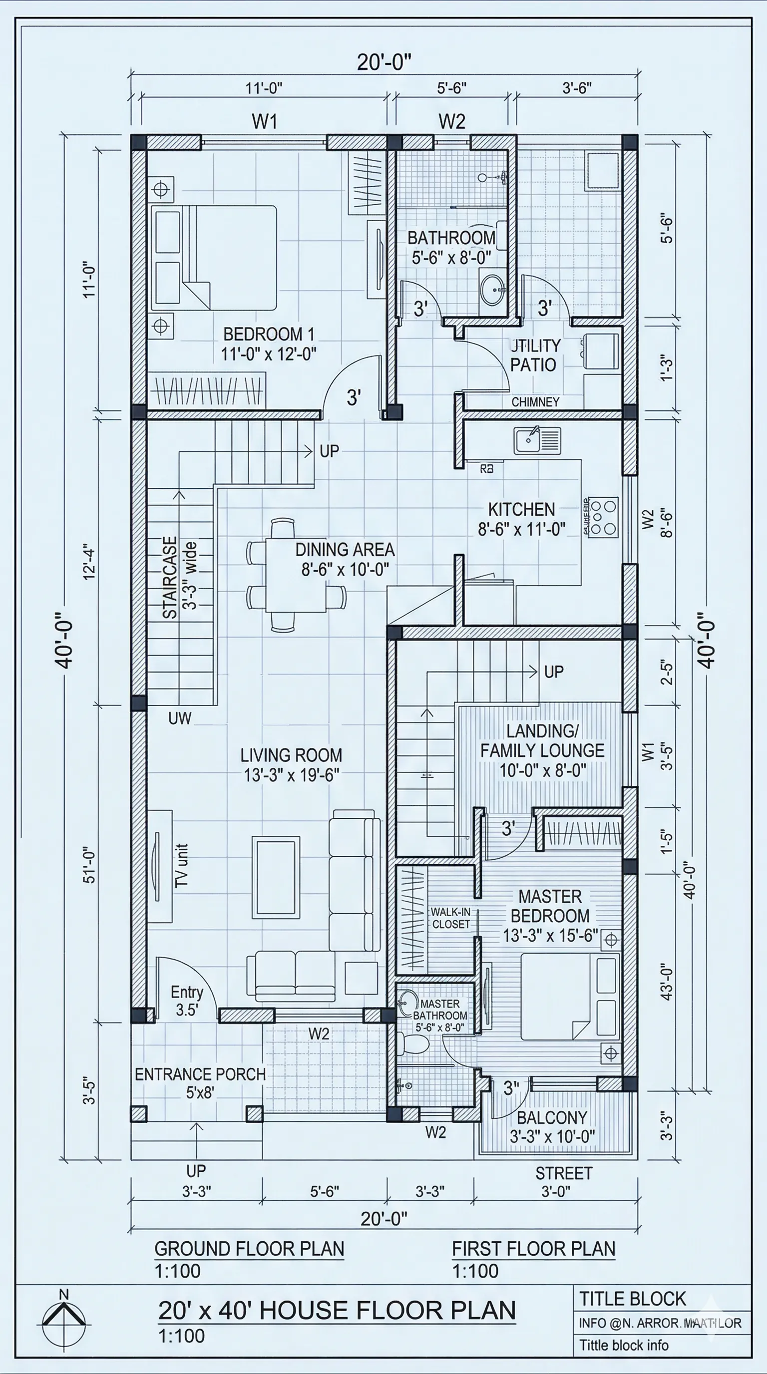 1000 Sqft Compact Townhouse Floor Plan (25×40)