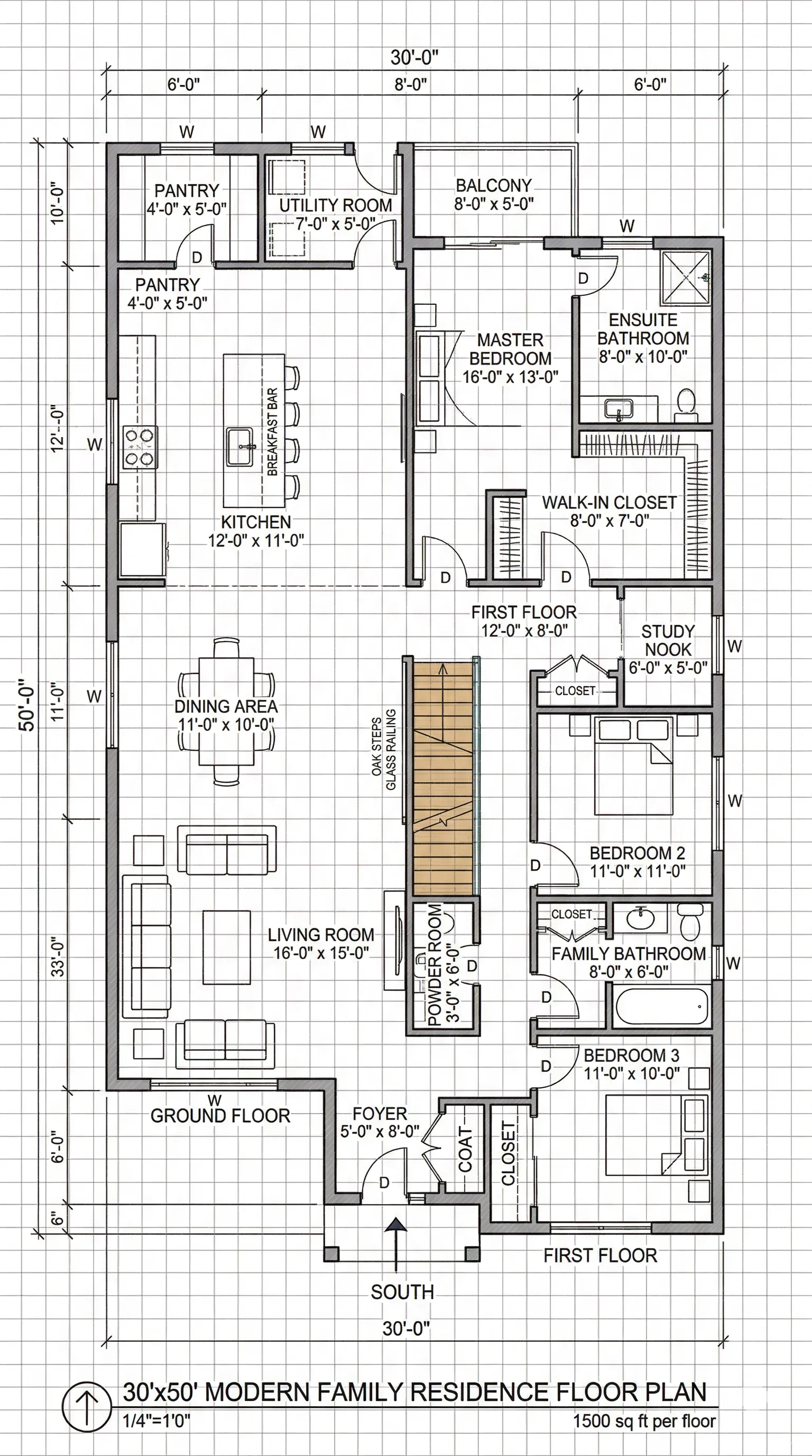 1500 Sqft 3 BHK Luxury Duplex Layout (30×50)