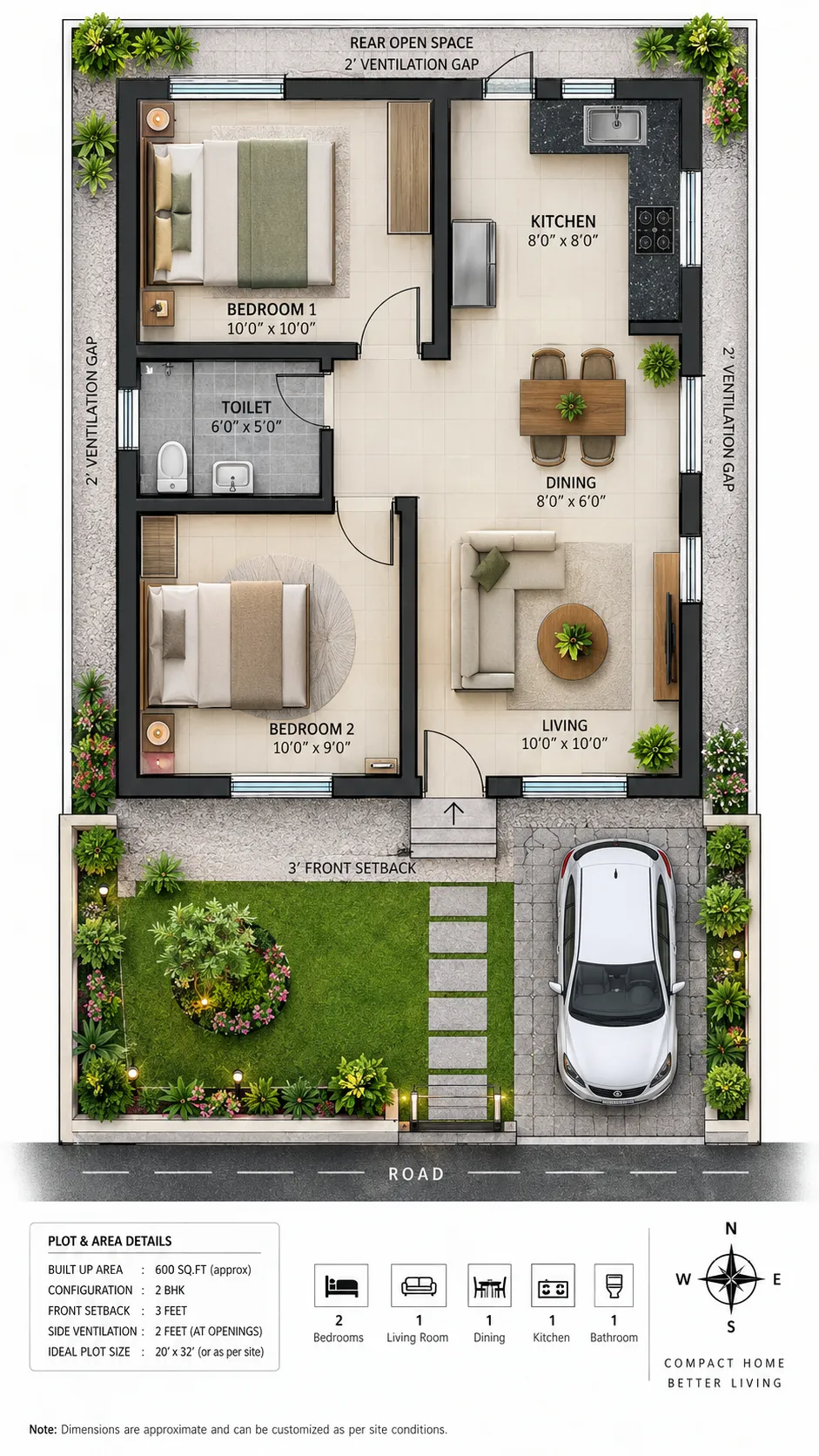 Compact 20x30 2BHK House Plan
