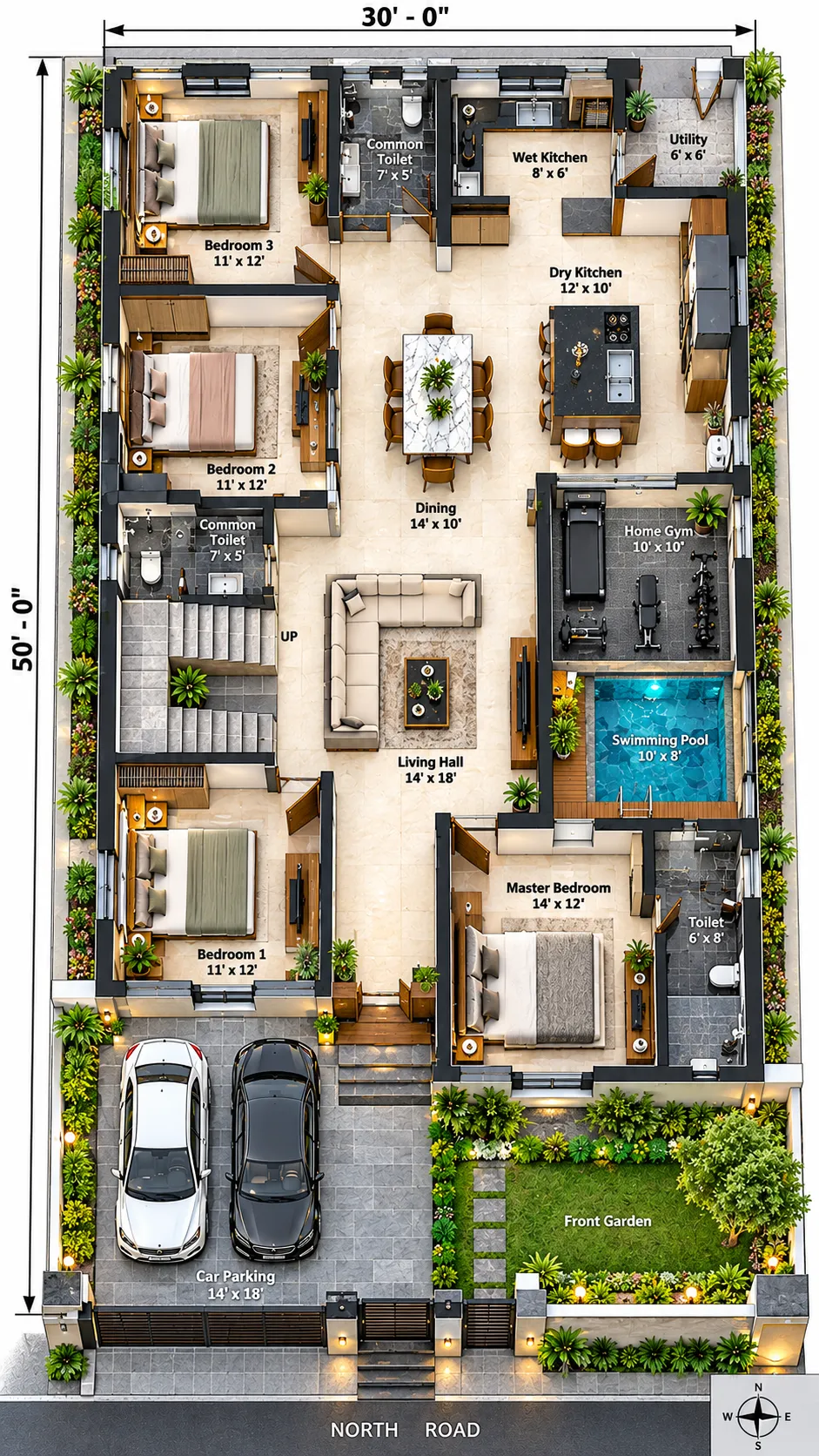 Spacious 30x50 3BHK House Plan