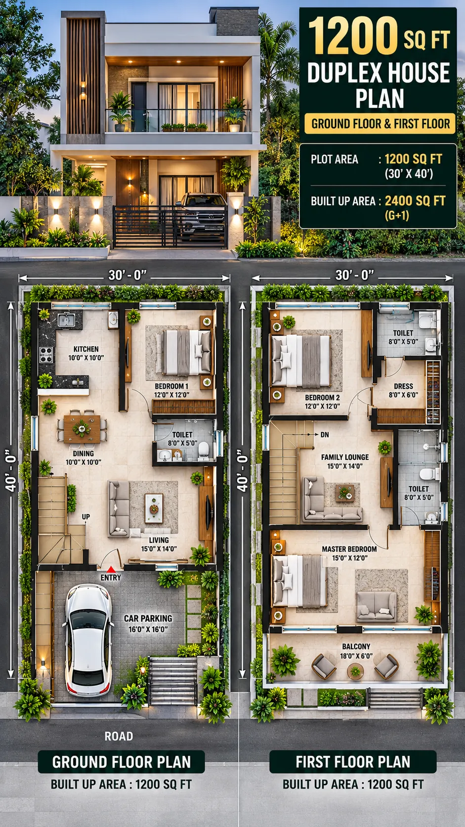 Modern 30x40 Duplex House Plan